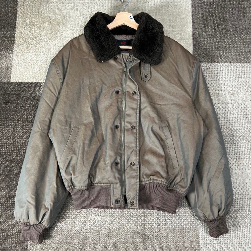 Vintage 80s Abercrombie & Fitch Bomber Jacket Fur Collar Olive Green Mens XL‎
